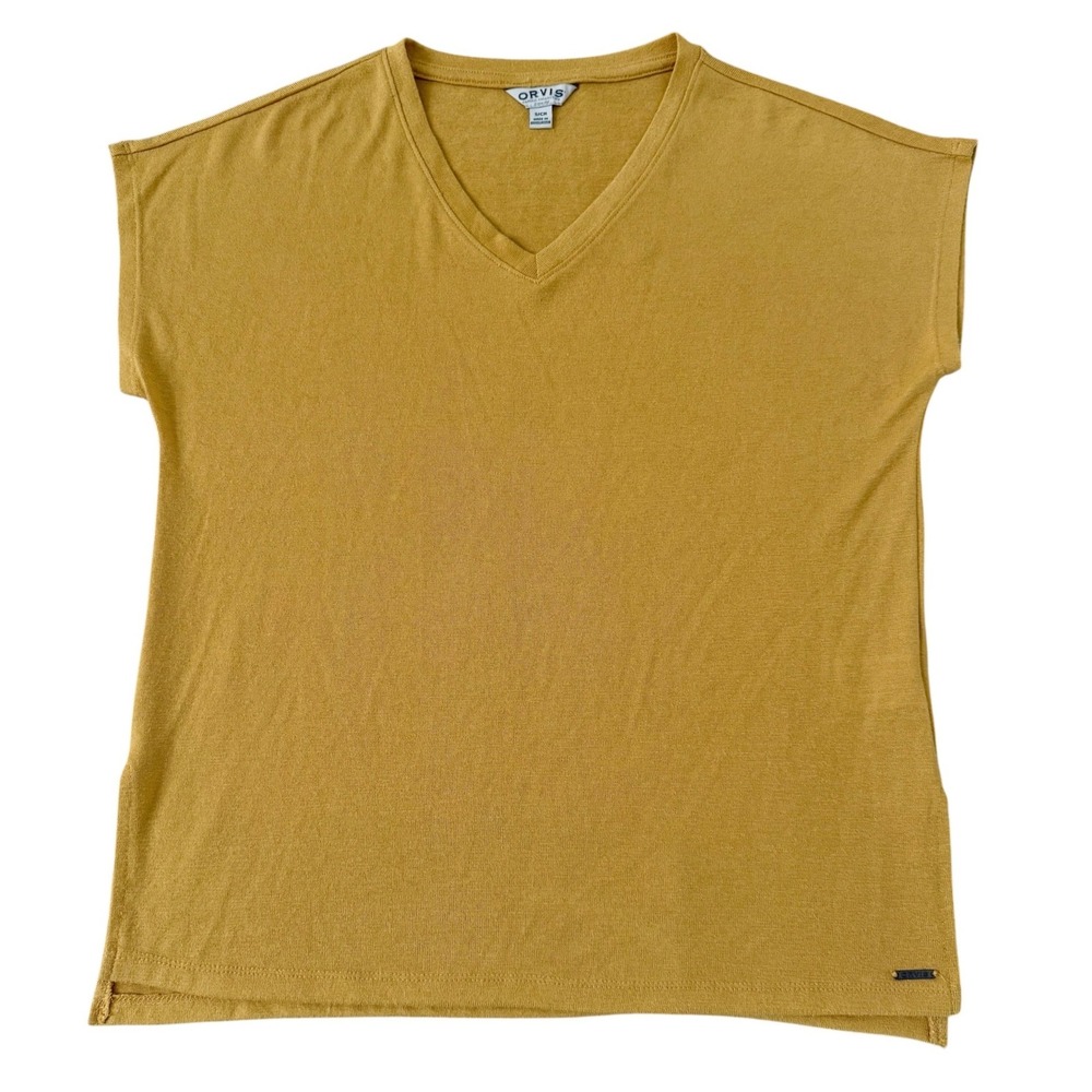 Orvis Small Mustard Yellow V-Neck Short Sleeve Relaxed Fit Womens Knit Tunic Top